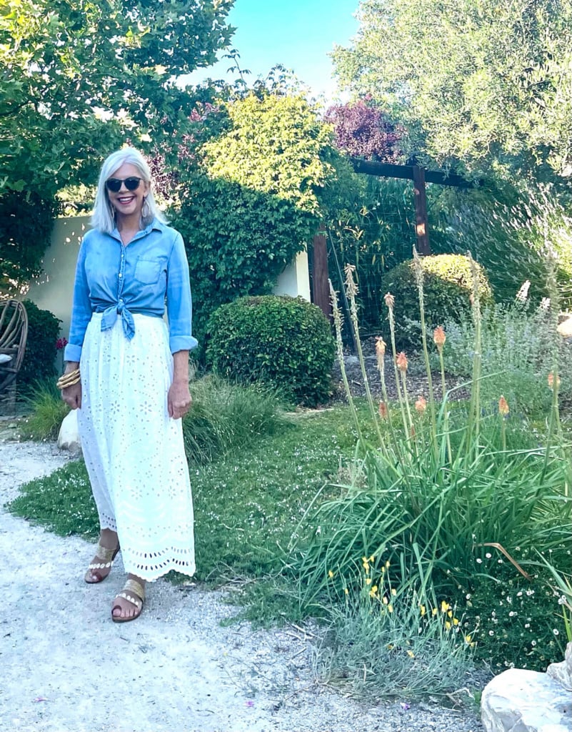 Over 50 Style Blogger Cindy Hattersley in BR Factory Eyelet Skirt & Shirt