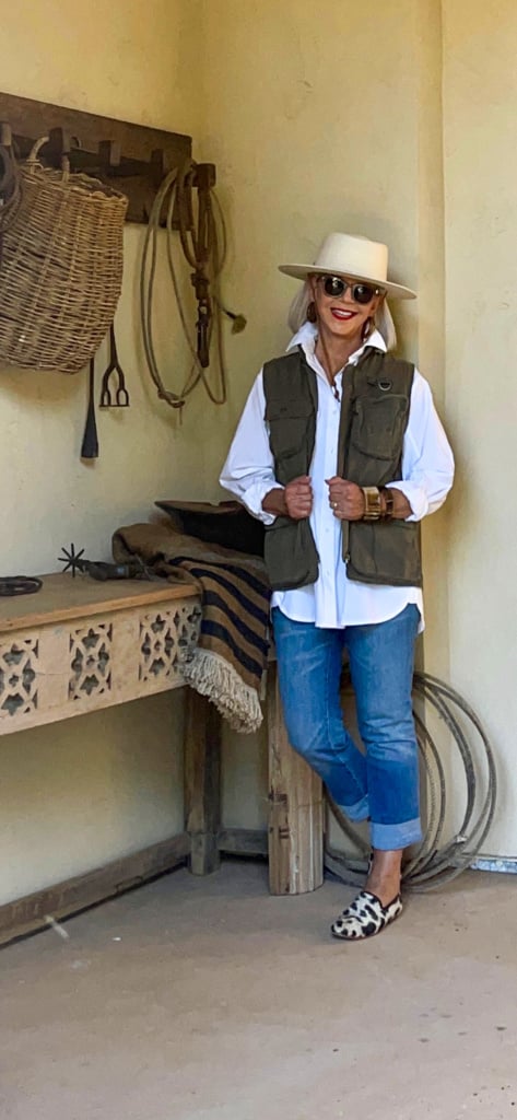 banana republic utility vest, j jill jeans, athleta shirt