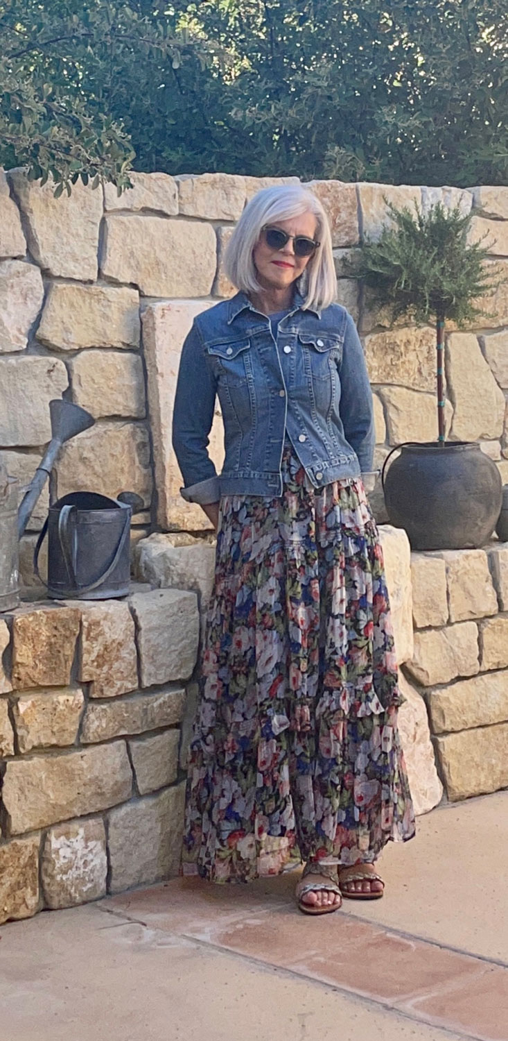 cindy hattersley in Anthro maxi and gap jean jacket