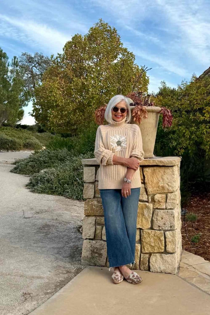 Lands End Holiday Sweater with Rhinestone Brooch