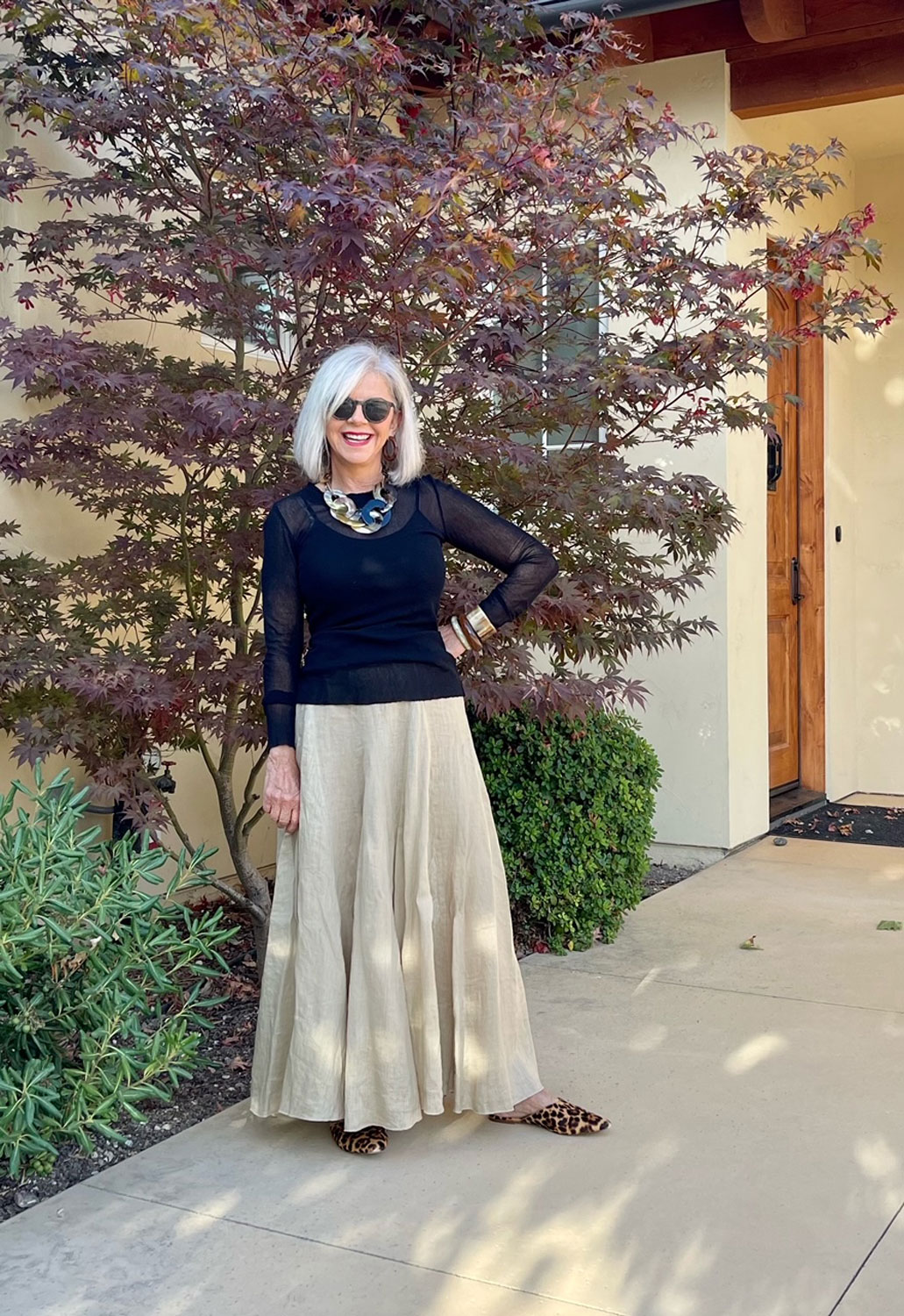 over 50 style blogger cindy hattersley in linen lily skirt and Cynthia Ashby mesh tee