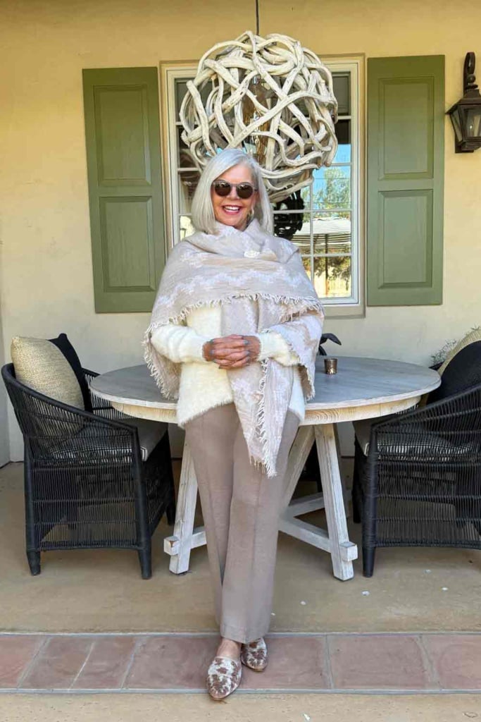 Neutral Scarf anchored with vintage pin