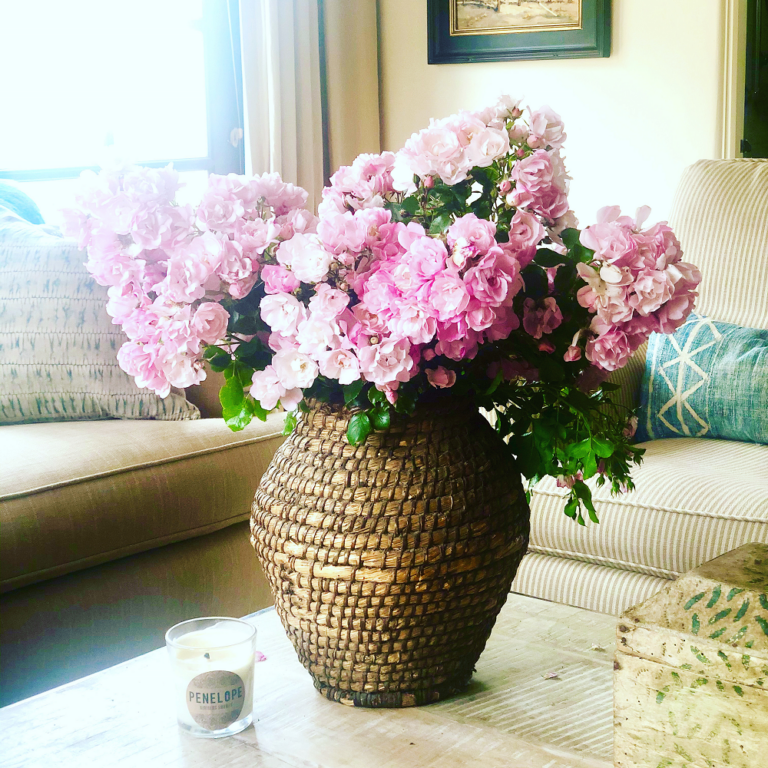 bouquet of roses on cindy hattersley's coffee table