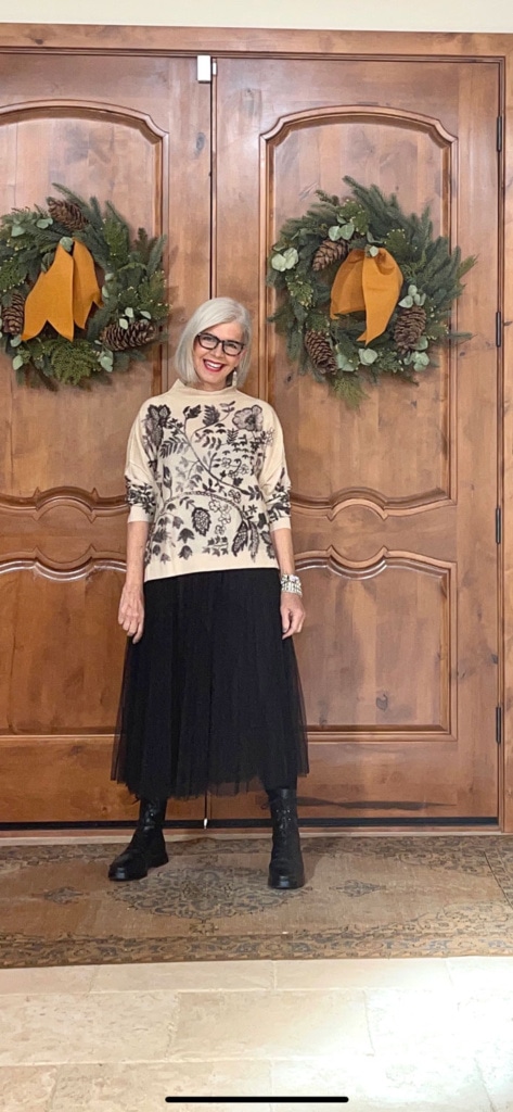 over 50 style blogger Cindy Hattersley in Tulle Skirt and anthro sweater