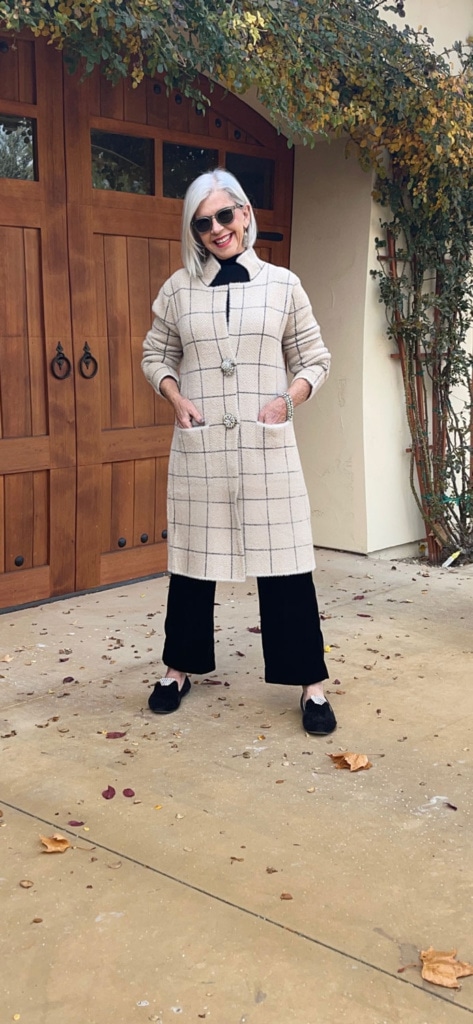 Over 50 Style Blogger Cindy Hattersley in Lysee coat and Eileen Fisher velvet pants
