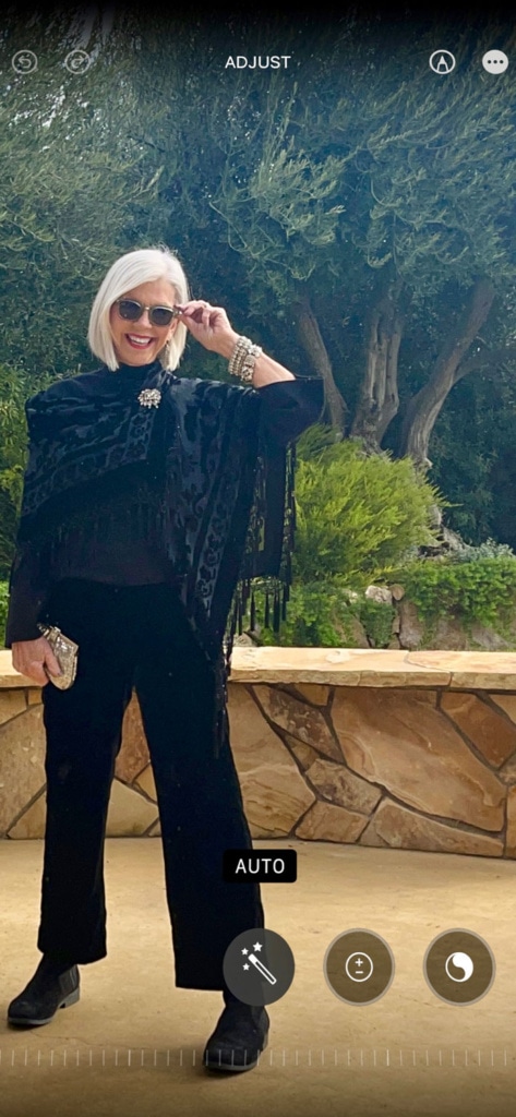 Over 50 Style Blogger Cindy Hattersley in Eileen Fisher velvet pants and burnout velvet scarf.