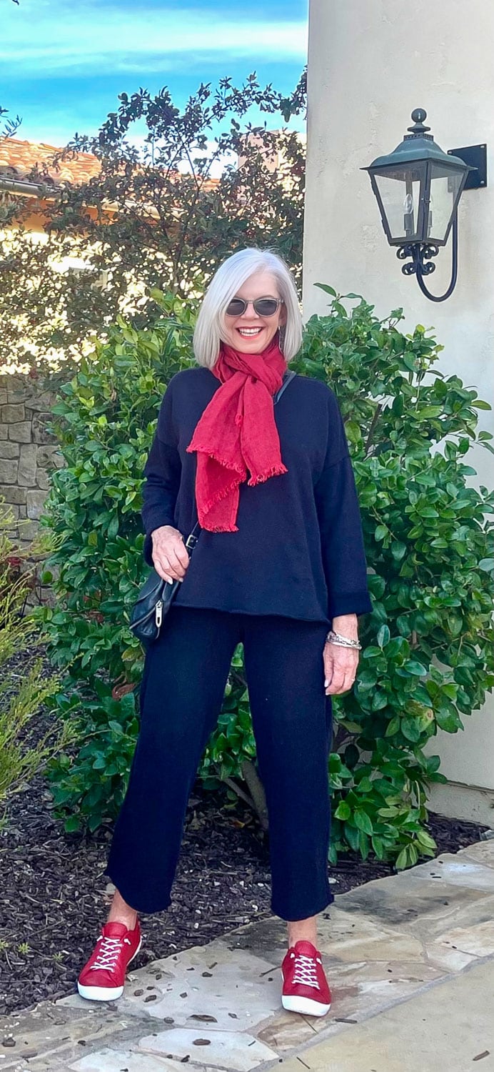 cindy hattersley wearing eileen fisher black terry and a linen scarf