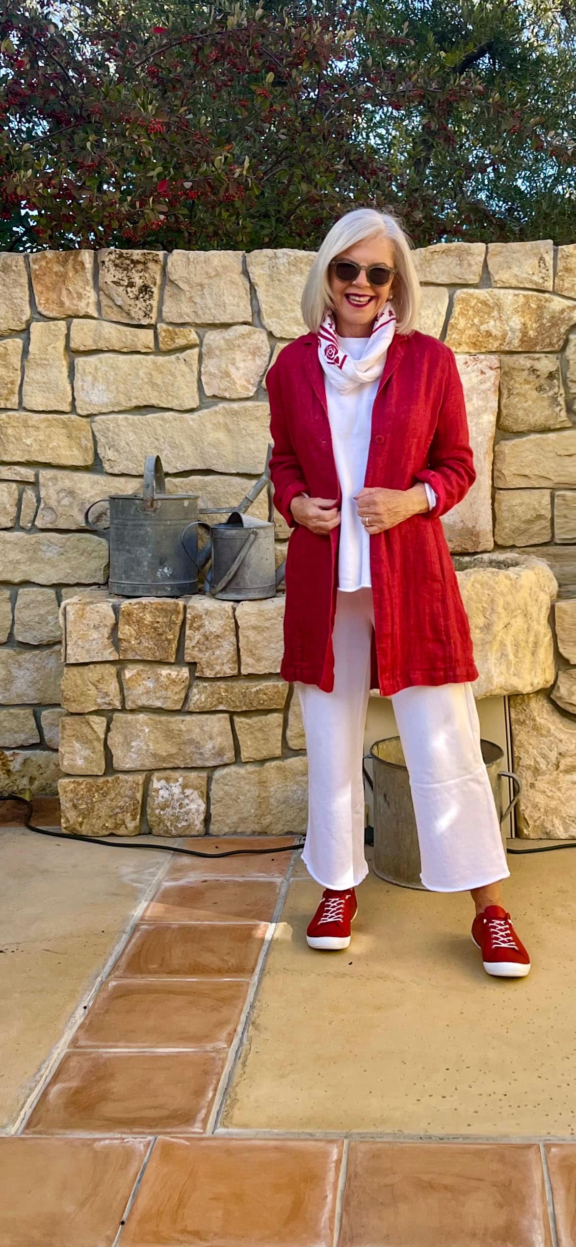 cindy hattersley in eileen fisher red linen and french terry
