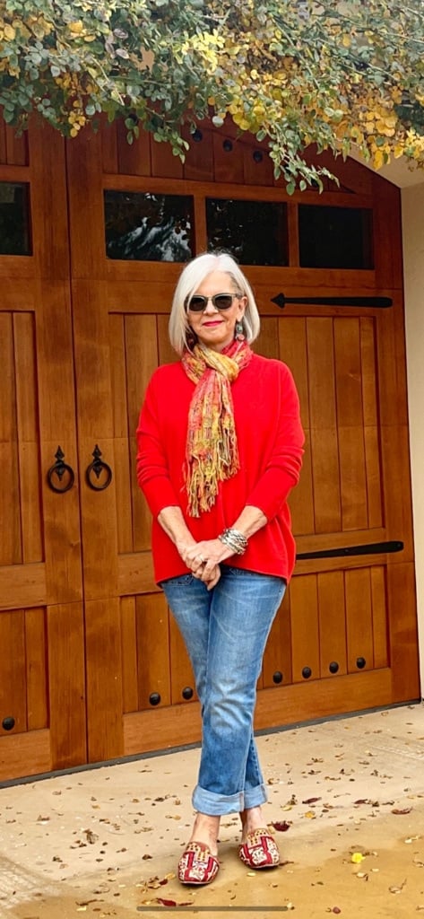 Cindy Hattersley in White and Warren Cashmere Sweater, Jeans and Artemis Design Co shoes.