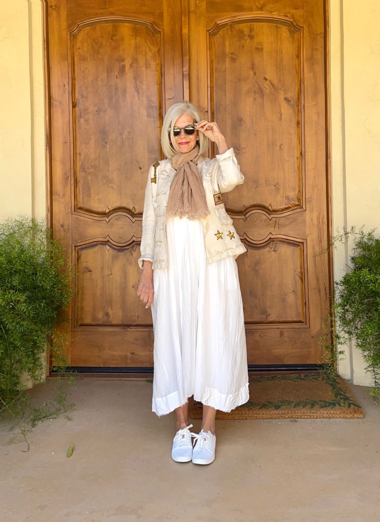 Over 50 Style Blogger Cindy Hattersley in Hannoh Wessel, Cara Brown Designs and Olukai Sneaks