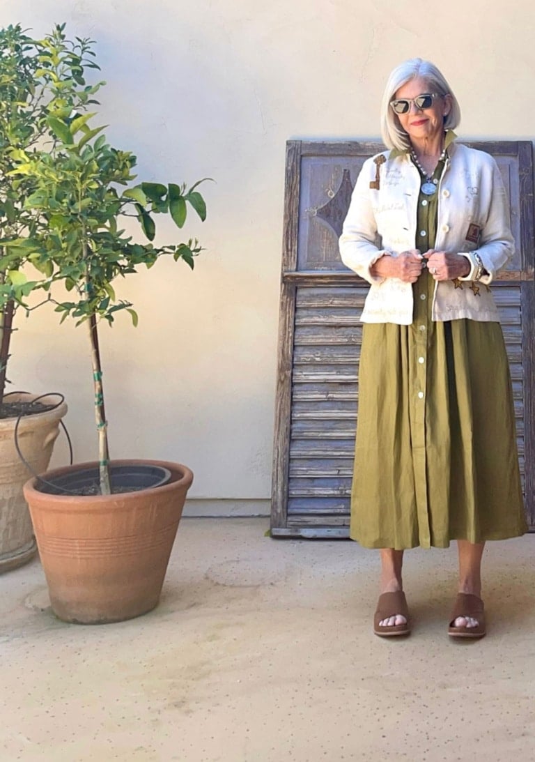 over 50 style blogger cindy hattersley in Etsy Linen Dress, Life Jacket and Brador Sandals