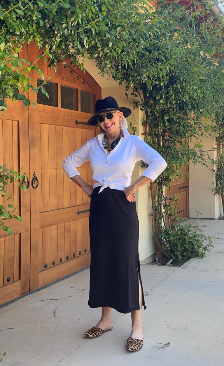 Cindy Hattersley in eileen fisher terry midi skirt and white shirt
