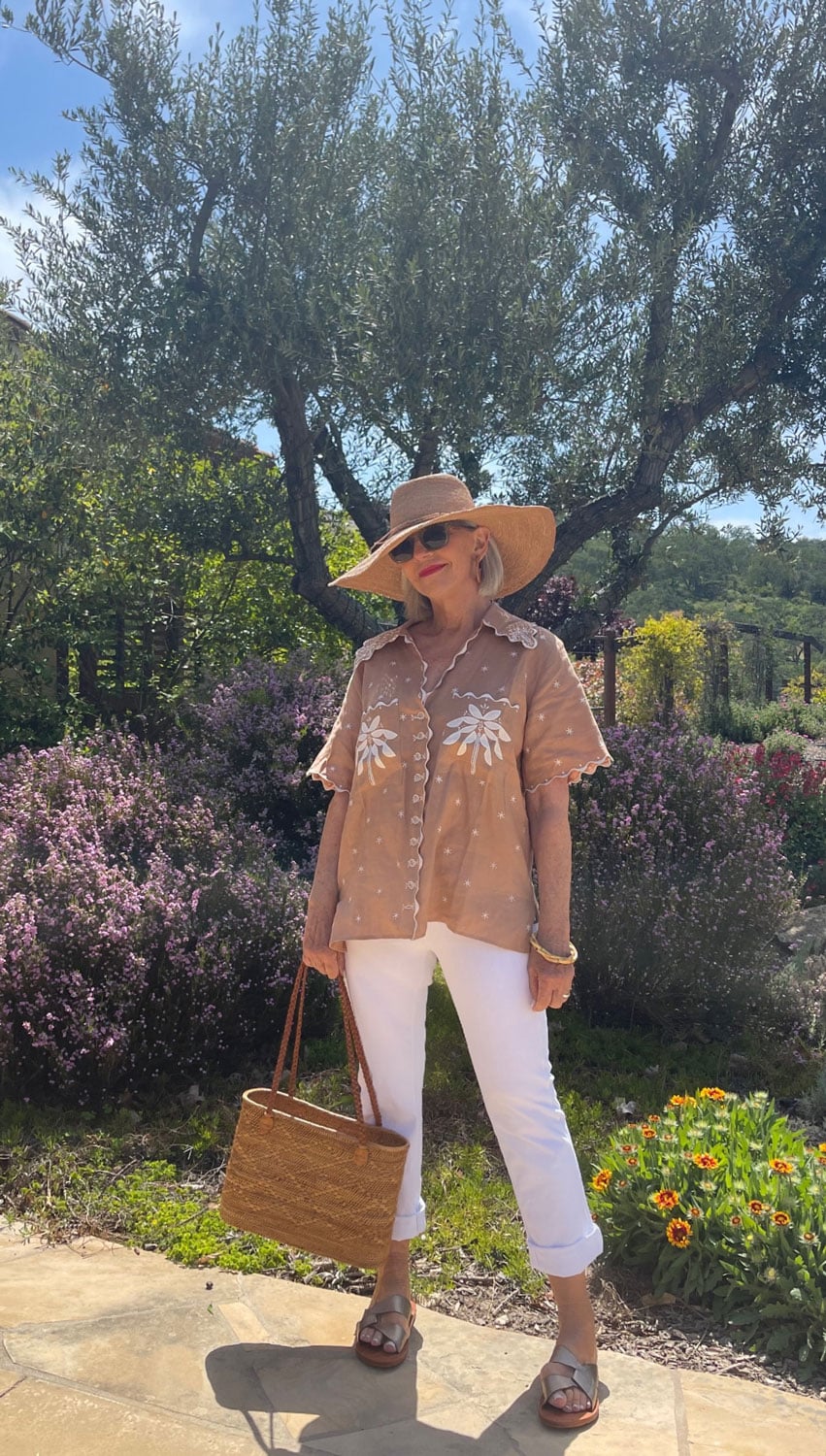cindy hattersley in magali pascal shirt and white jeans