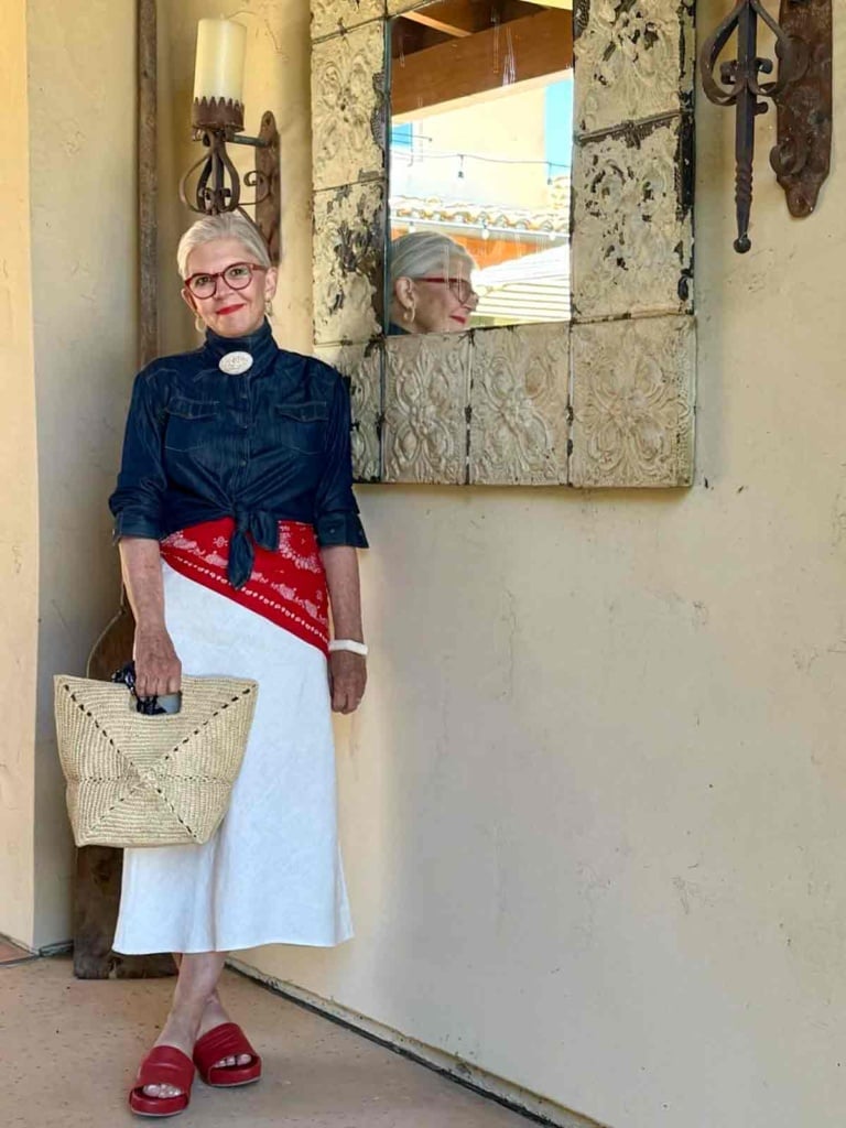 Mersea white skirt with denim shirt