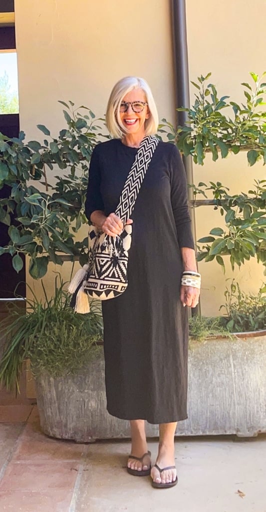 over 60 style blogger cindy hattersley in black t shirt dress