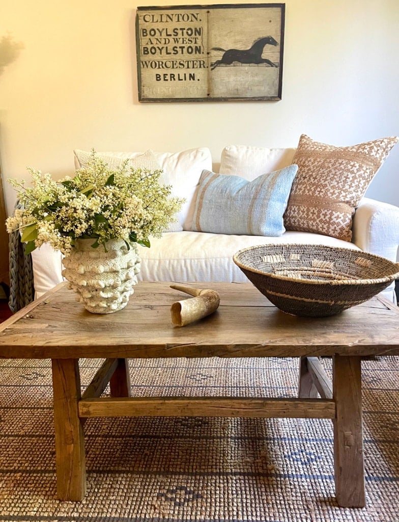 cindy hattersley's sofa and coffee table in her den