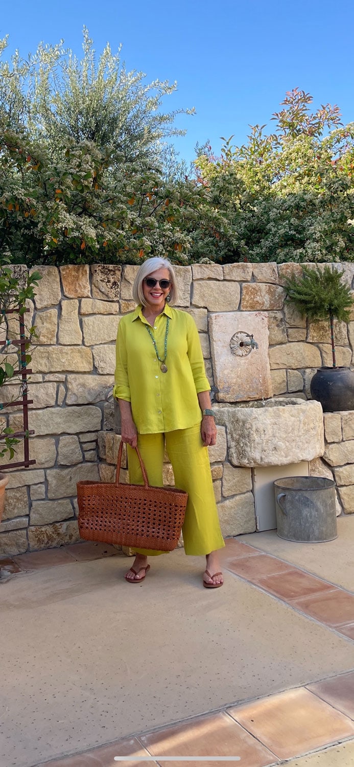 Cindy Hattersley in J jill limen pants and shirt-Six Tips for Looking Chic and Confident in Color after 50.