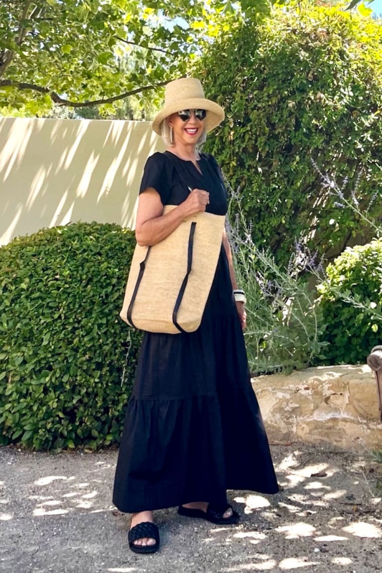 cindy hattersley in quince dress and vanessa leone hat an bag