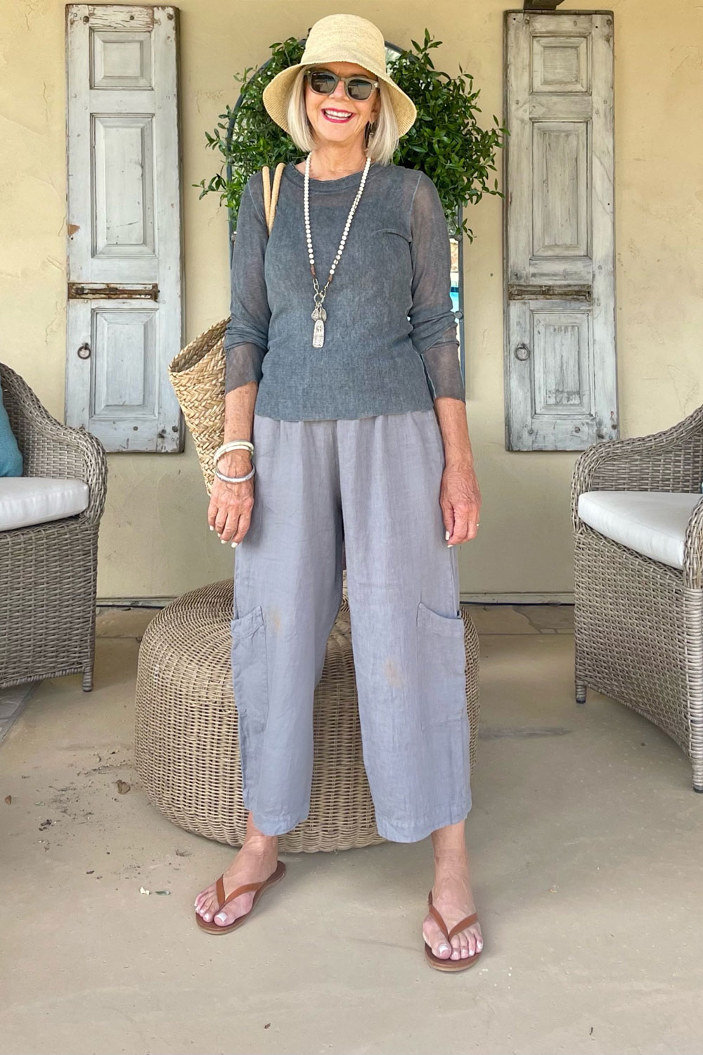 bryn walker pants, cynthia ashby tee and janessa leone hat