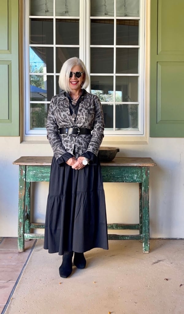 black maxi dress with belted leopard cardigan