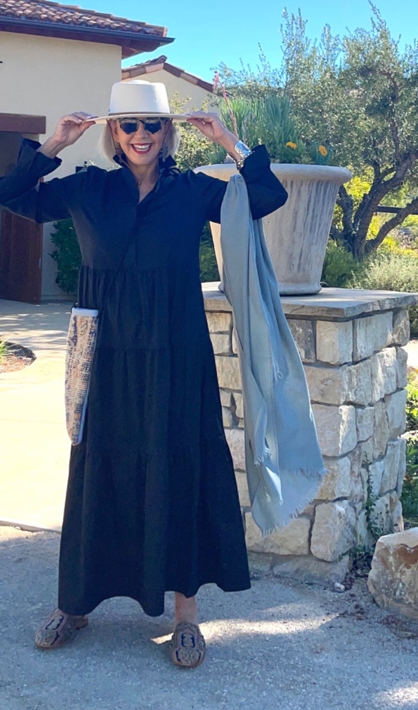 BLACK MAXI DRESS, CASHMERE SHAWL, KILIM MULES