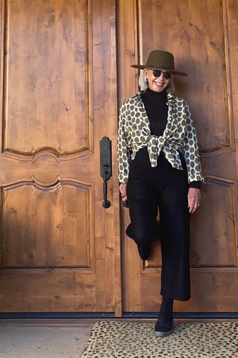 Eileen Fisher sweater and pants with Aunti Oti shirt