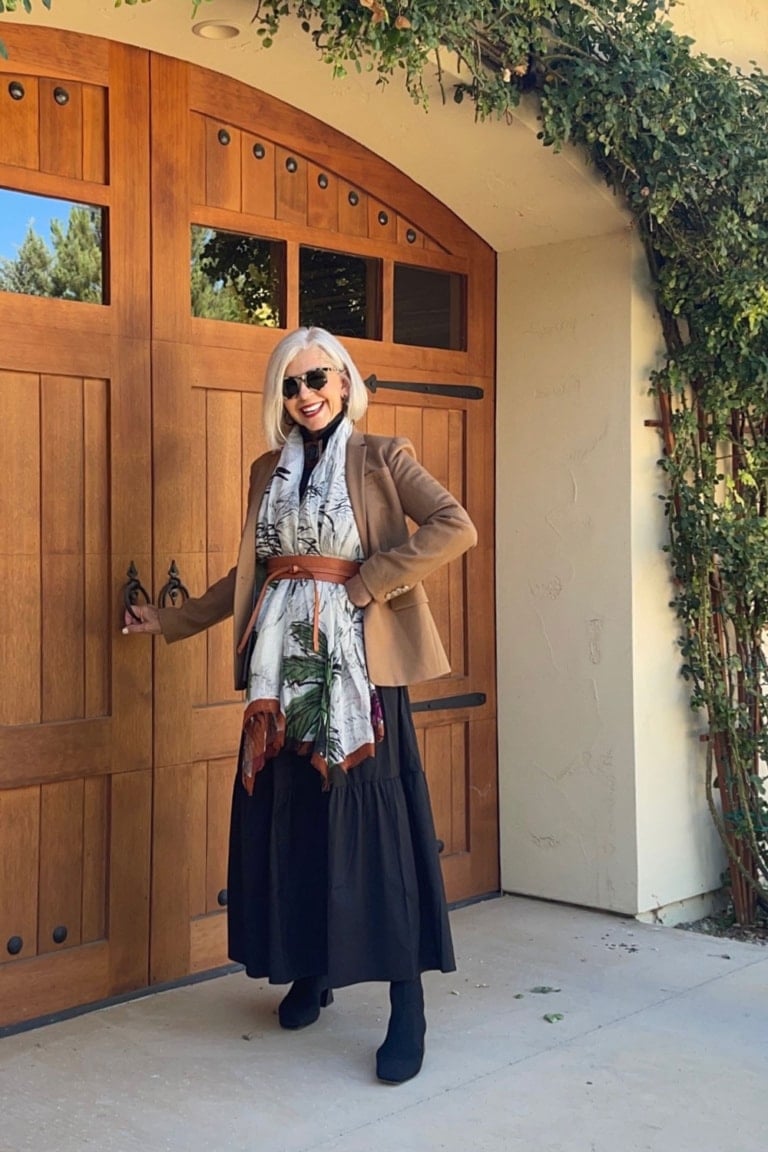 tiered dress with blazer, scarf and belt