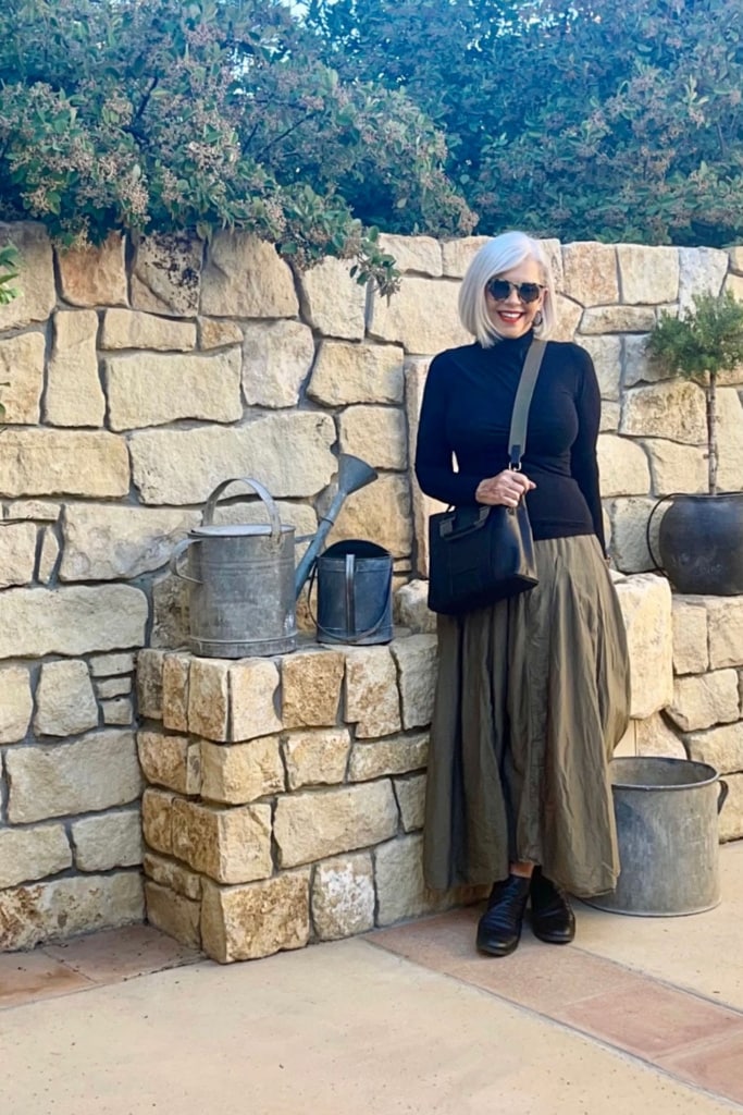 Over 50 Style Blogger Cindy Hattersley in cp-shades-lily-skirt-BR-turtleneck-feed-bag