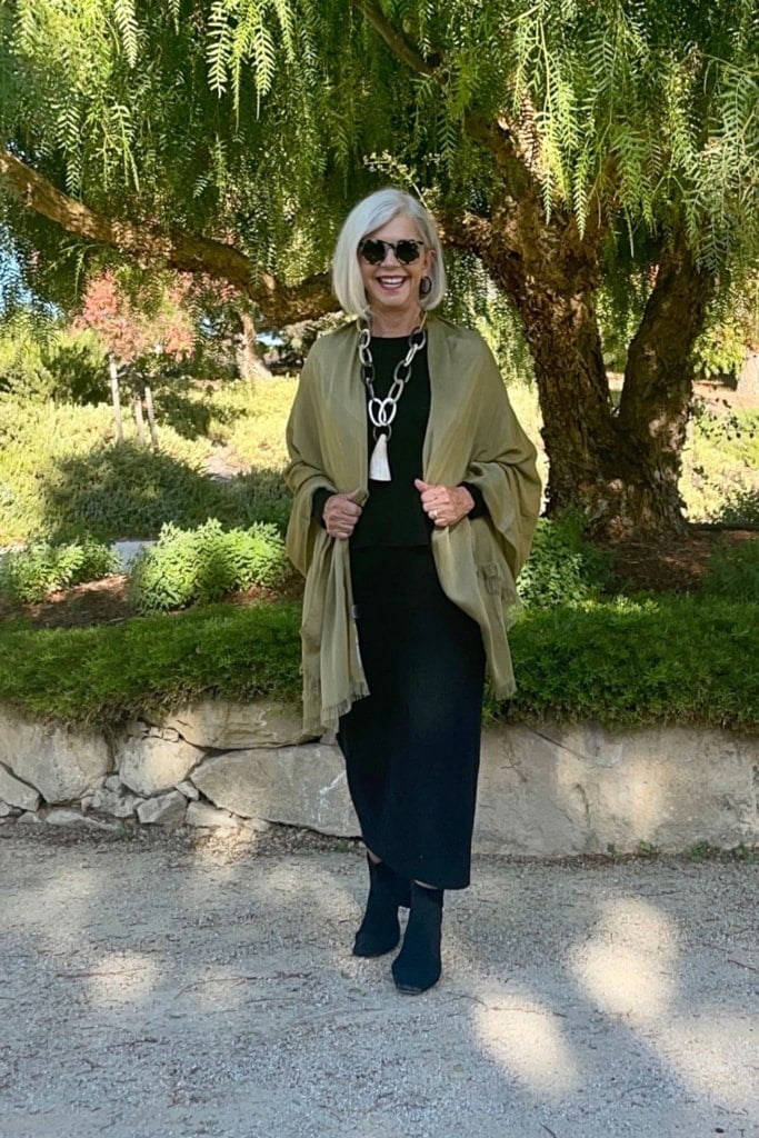 Eileen Fisher Skirt, Sweater and Scarf styled by Cindy Hattersley
