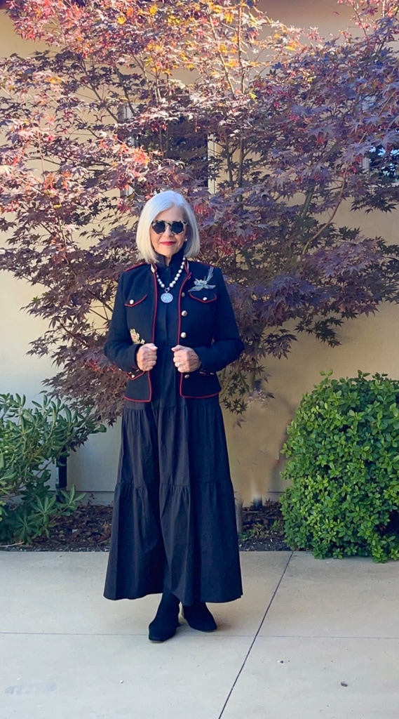 black maxi dress with embroidered blazer