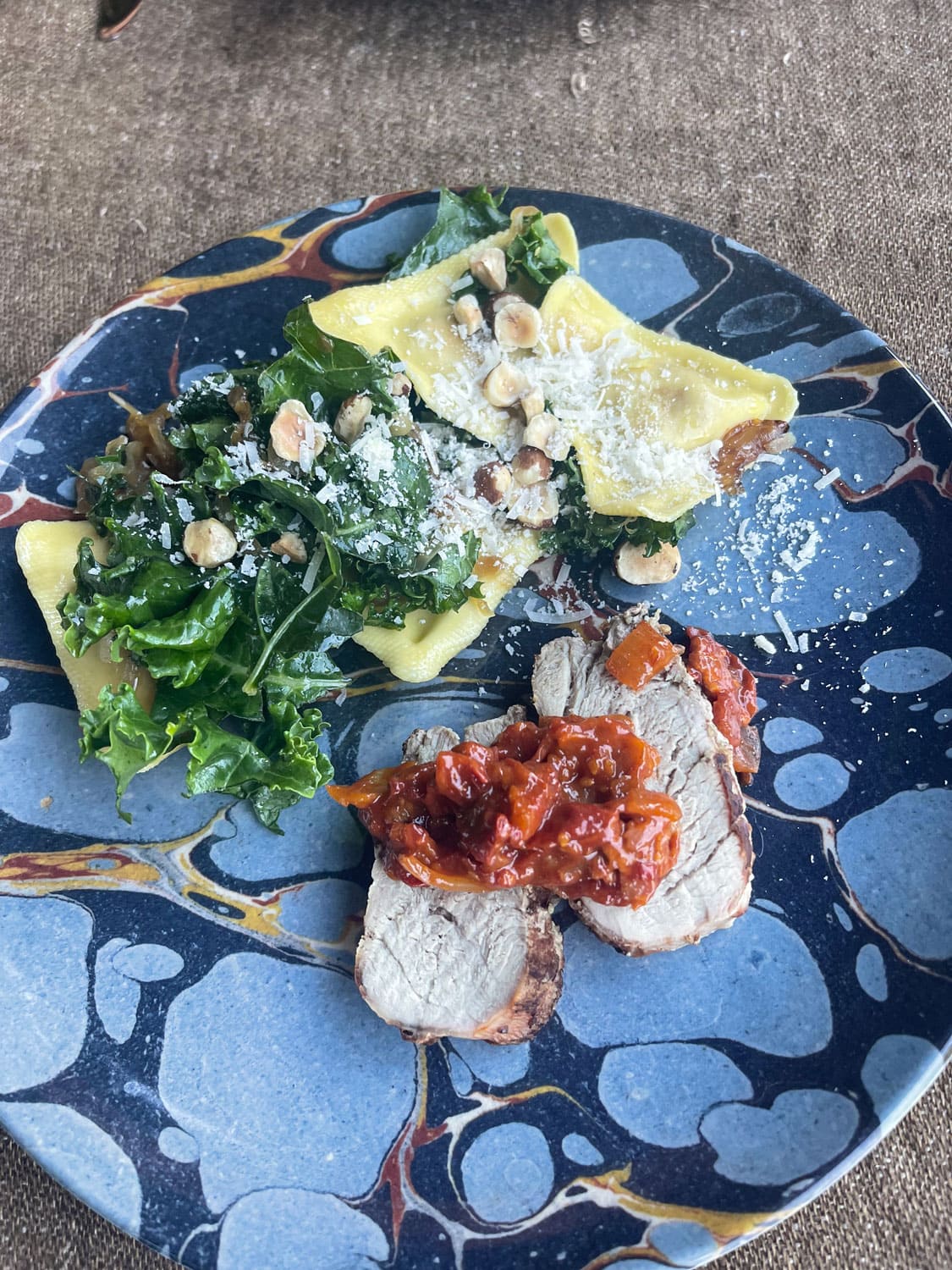Butternut squash with hazlenuts and chard and grilled pork tenderloin with tomato jam