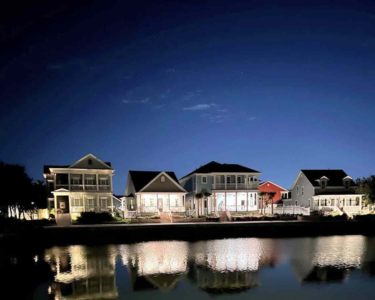 Galveston homes at night