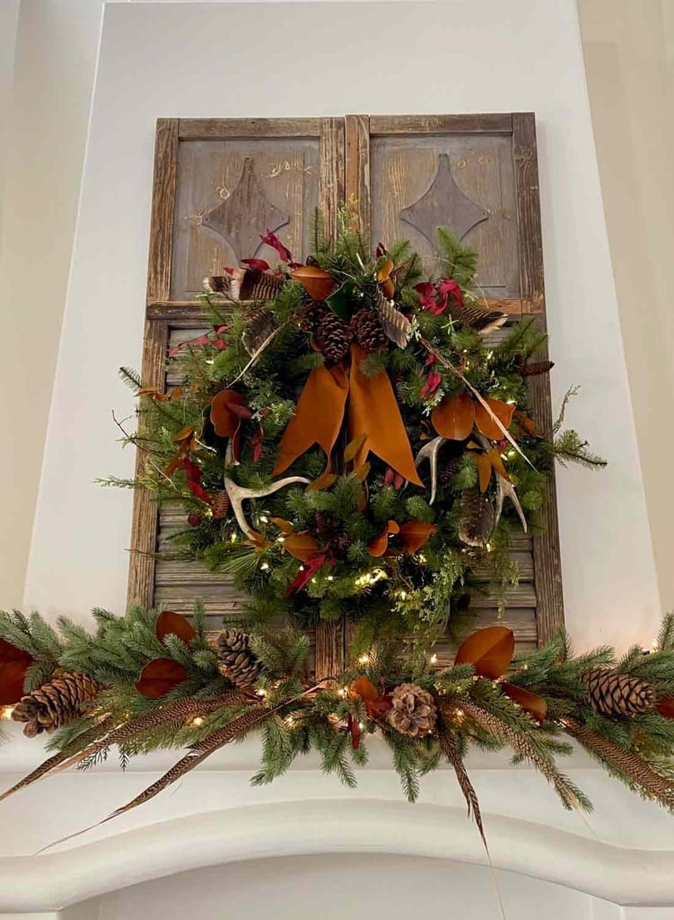 faux wreath on vintage shutters