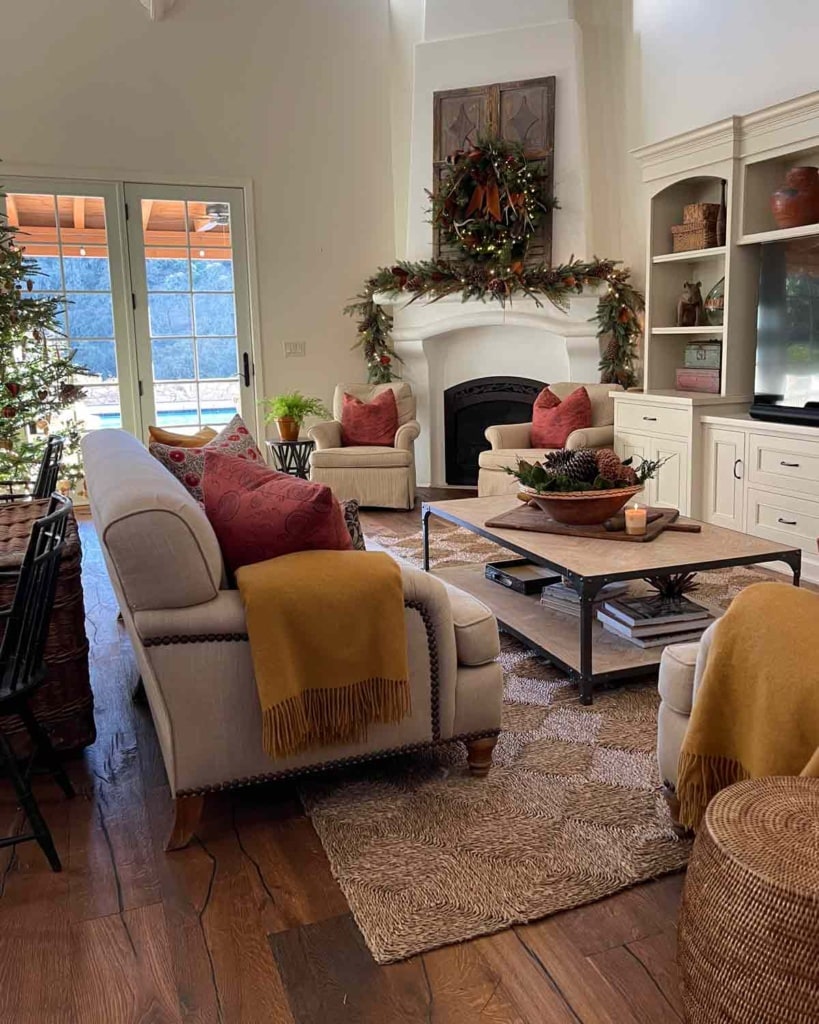 Great room with fireplace decorated for Christmas