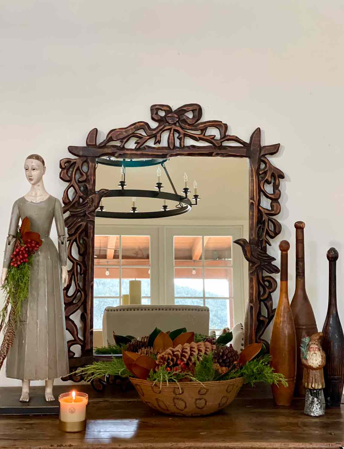 Vintage Mirror with Christmas Decor-How to Mix Faux and Fresh Christmas Decor for a Natural Look