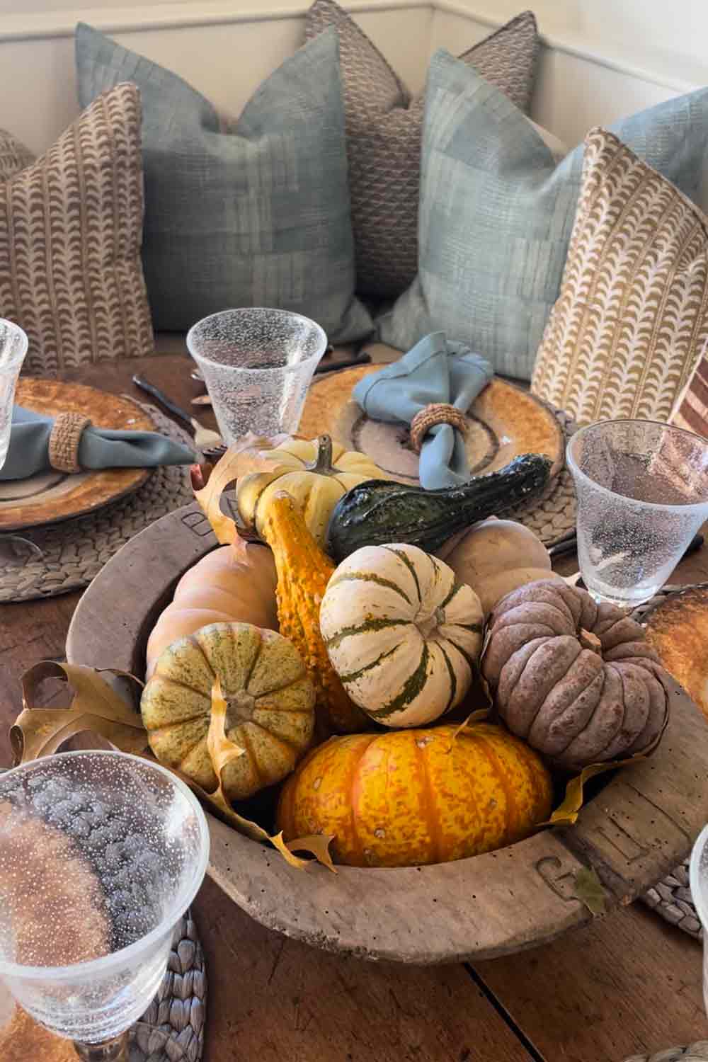 antique bowl with heirloom pumpkins