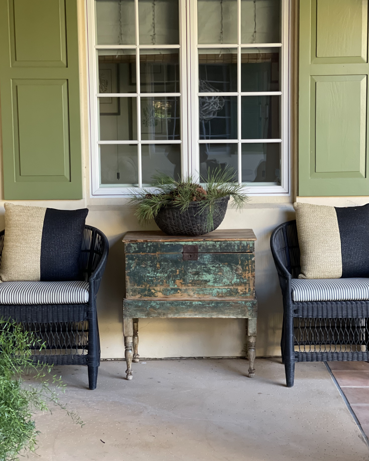 ANTIQUE CHEST & CHAIRS WITH BOWL OF PINE CONES