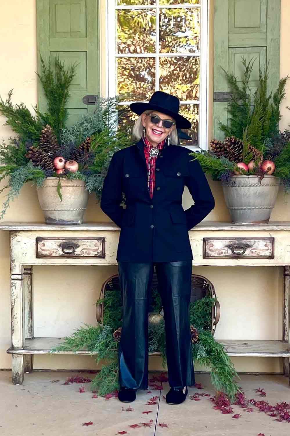 cindy hattersket ub black blazer, faux leather pants and plaid shirt