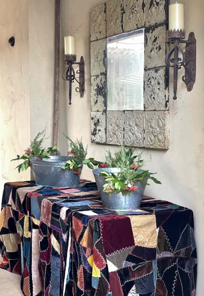 drinks table covered with crazy quilts