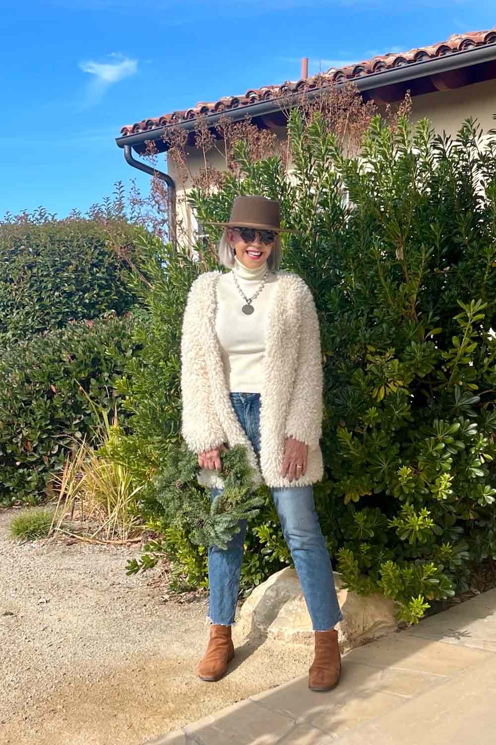 fuzzy jacket with jeans