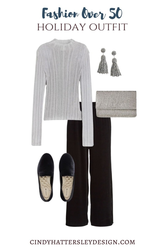 Holiday Outfit with Velvet pants and metallic turtleneck