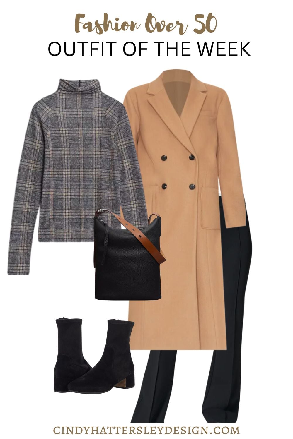 outfit of the week camel coat and black pants with plaid shirt