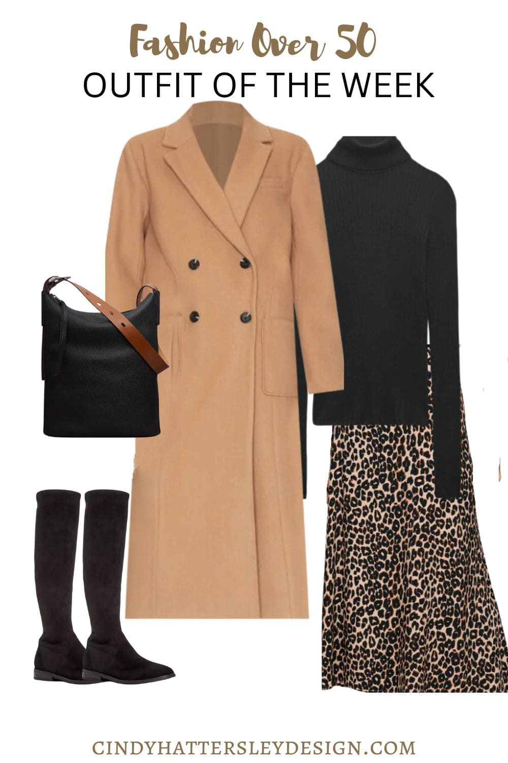 Camel Coat with Leopard Skirt, black boots and black and camel bag
