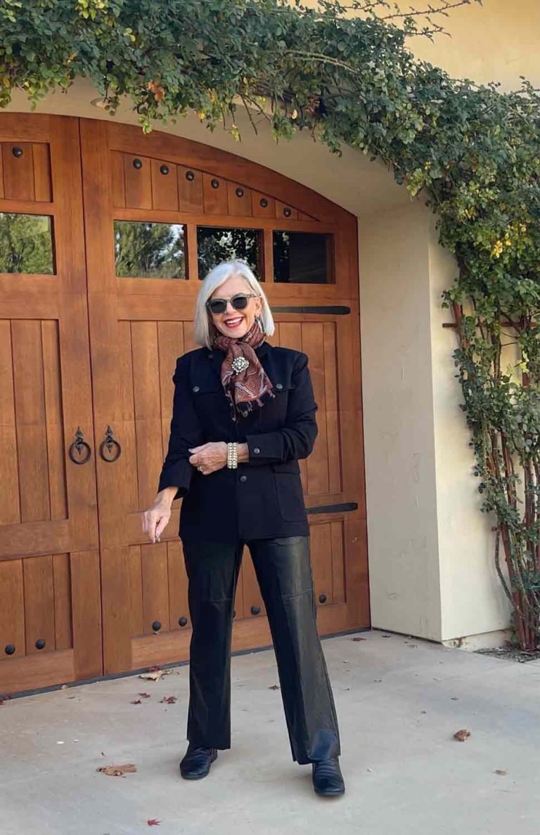 military inspired jacket with paisley scarf and leather pants