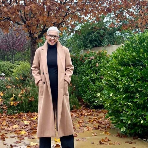 Long camel coat with black sweater and -pants-Embrace the Timeless Elegance and Versatility of Camel and Black