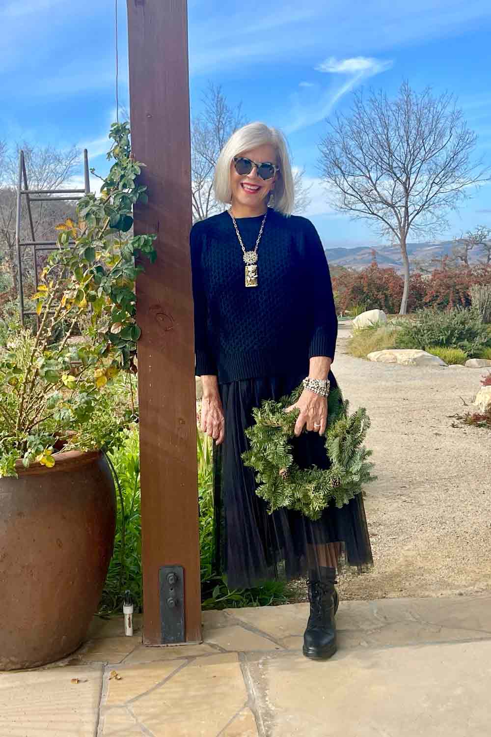 Tulle skirt, cashmere sweater, vintage necklace
