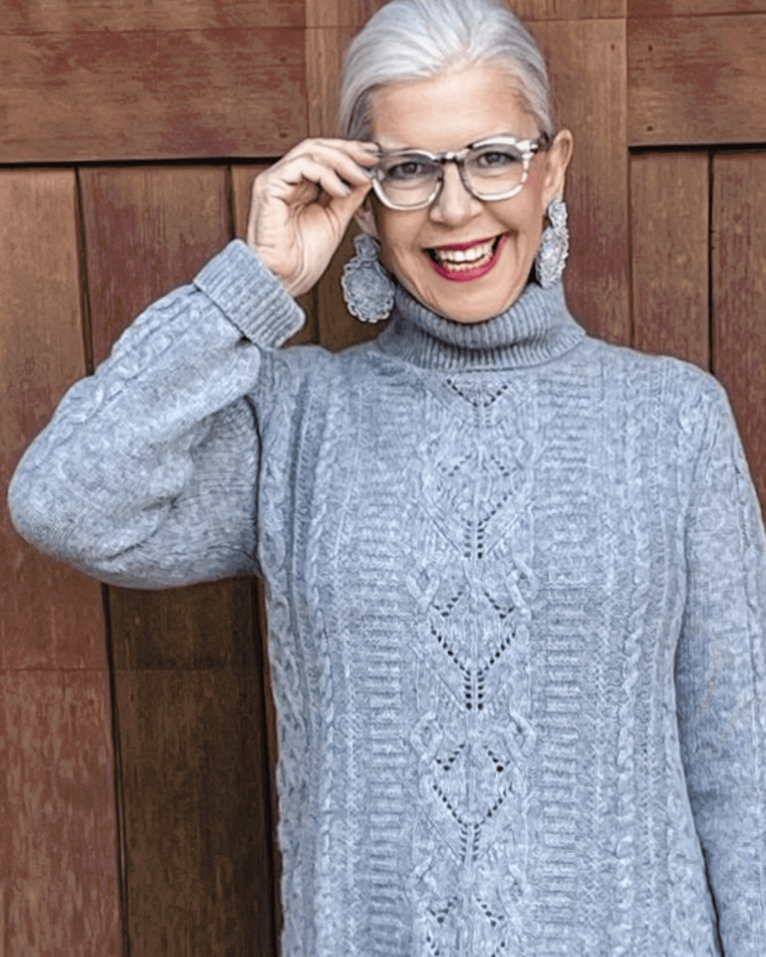 silver haired cindy hattersley in gray