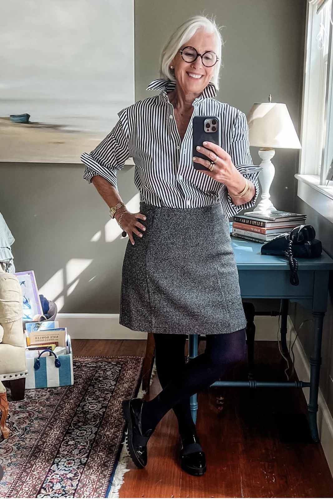 cheryl sparks in wool mini and stripe shirt