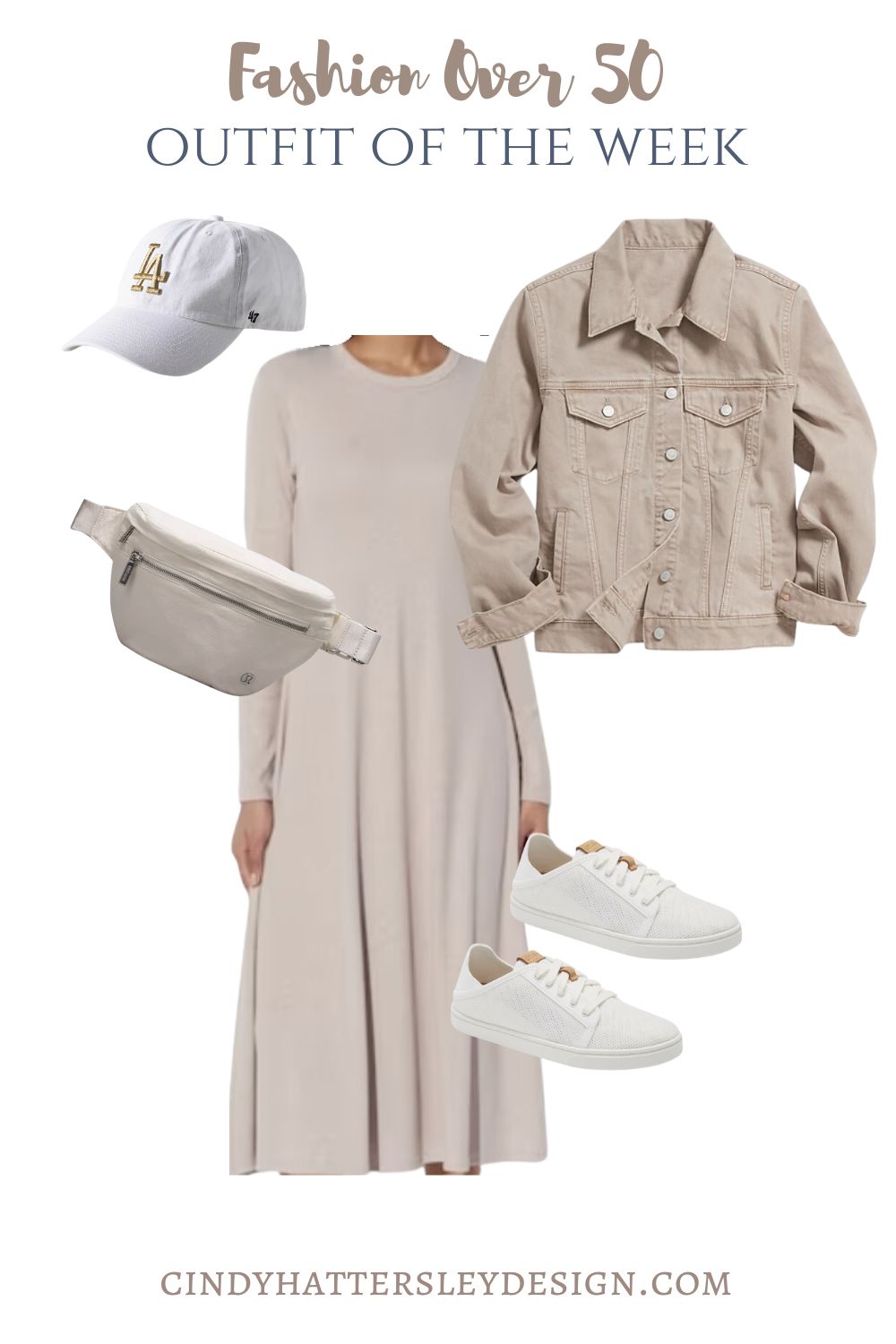 Neutral casual t shirt dress outfit with sneakers and baseball cap-The Timeless Power and Versatility of Neutrals in Fashion, Interior Design & More