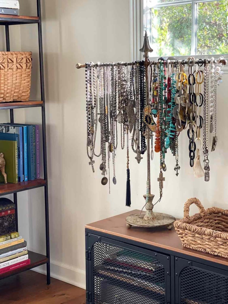 Rustic Jewelry stand holding necklaces